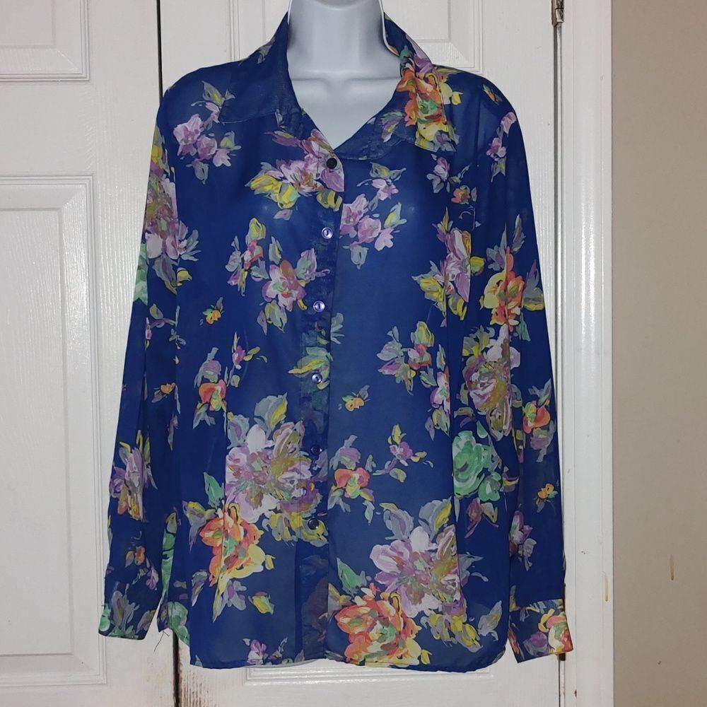 Potpourri Vintage sheer blue floral button down blouse  Sz XL EUC